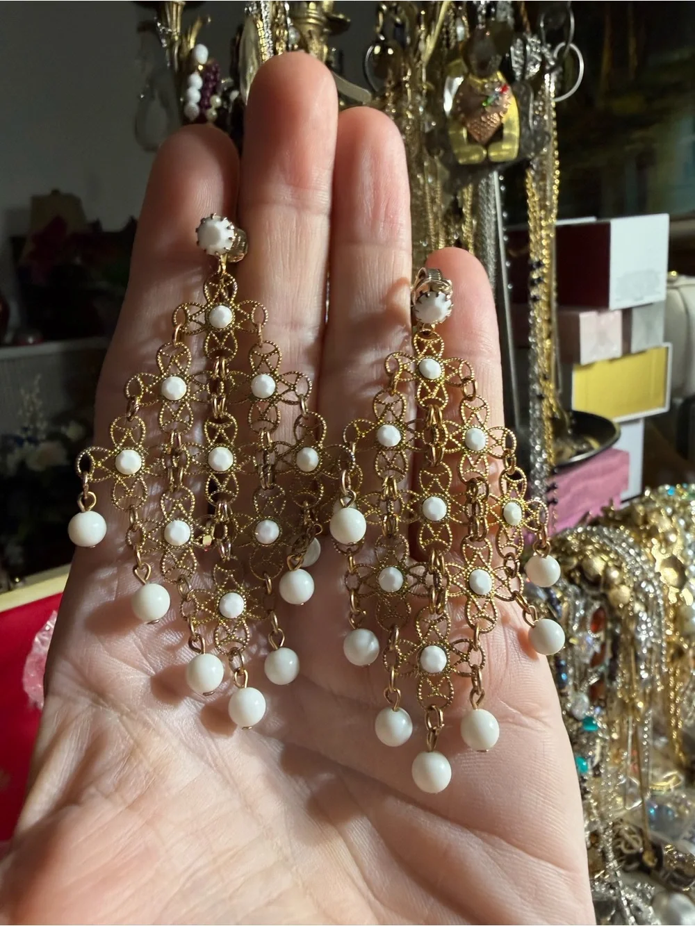 vintage gold-tone filigree chandelier earrings